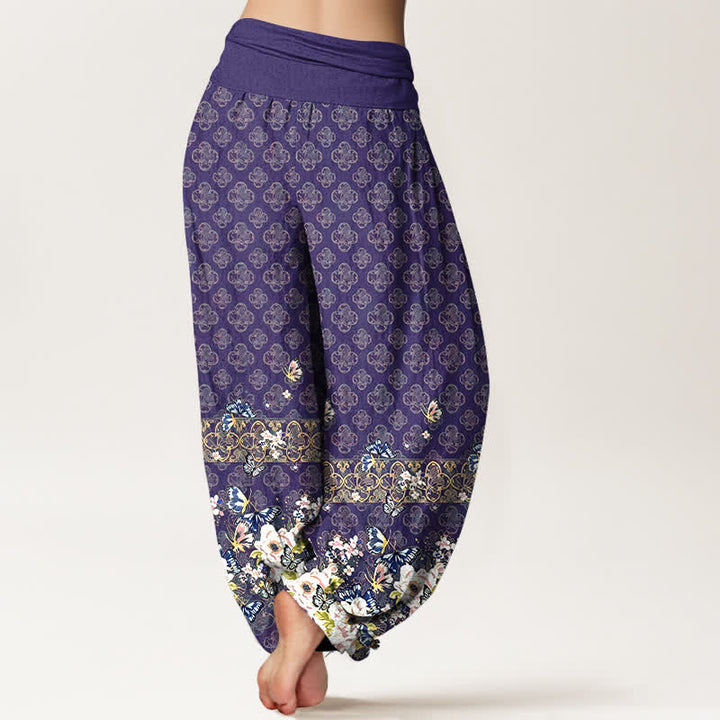Buddha Stones Pantalon harem pour femme en pur coton, motif floral bohème, taille élastique - image 1