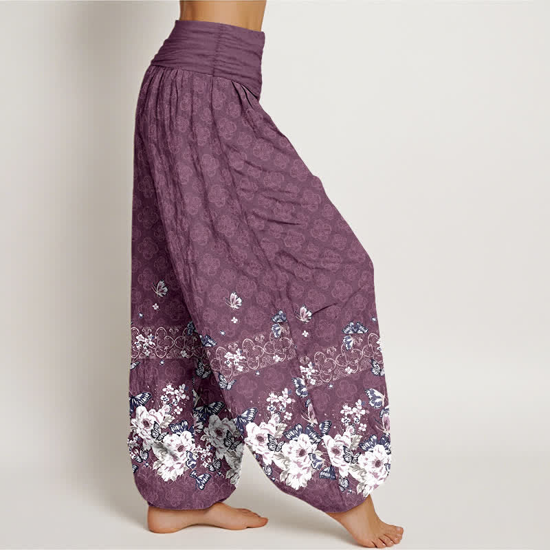 Buddha Stones Pantalon harem pour femme en pur coton, motif floral bohème, taille élastique - image 7
