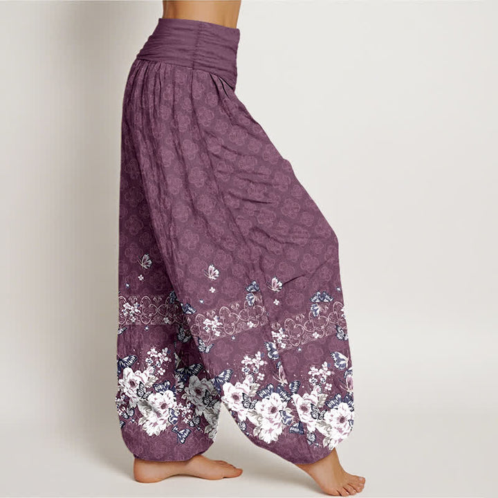 Buddha Stones Pantalon harem pour femme en pur coton, motif floral bohème, taille élastique - image 7