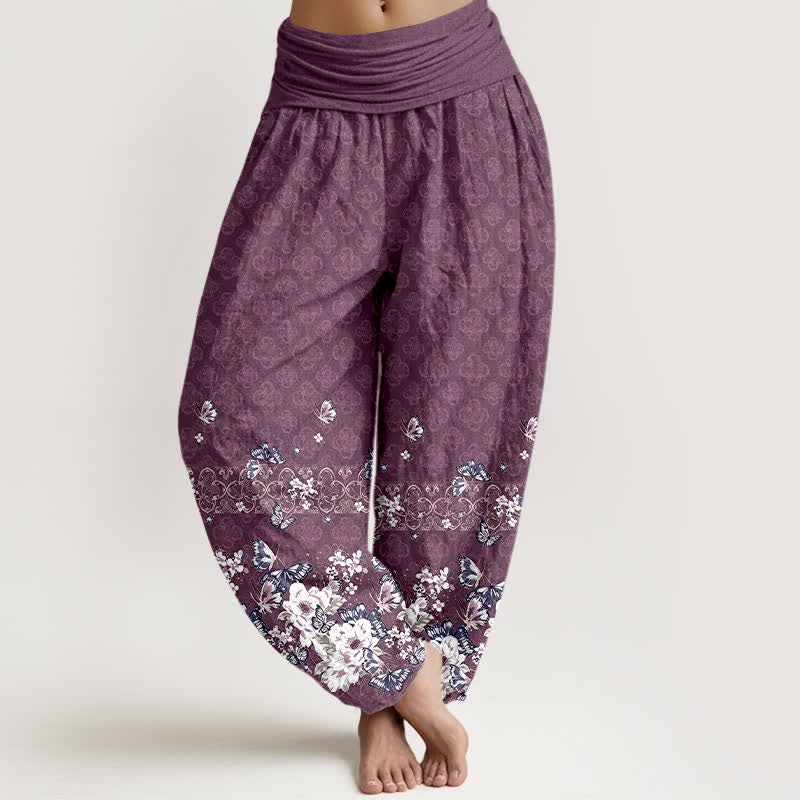 Buddha Stones Pantalon harem pour femme en pur coton, motif floral bohème, taille élastique - Prune - US16，UK/AU20，EU48 (3XL) - image 5