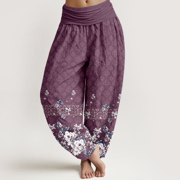 Buddha Stones Pantalon harem pour femme en pur coton, motif floral bohème, taille élastique - Prune - US16，UK/AU20，EU48 (3XL) - image 5