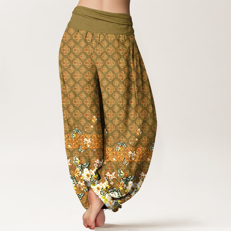 Buddha Stones Pantalon harem pour femme en pur coton, motif floral bohème, taille élastique - image 9