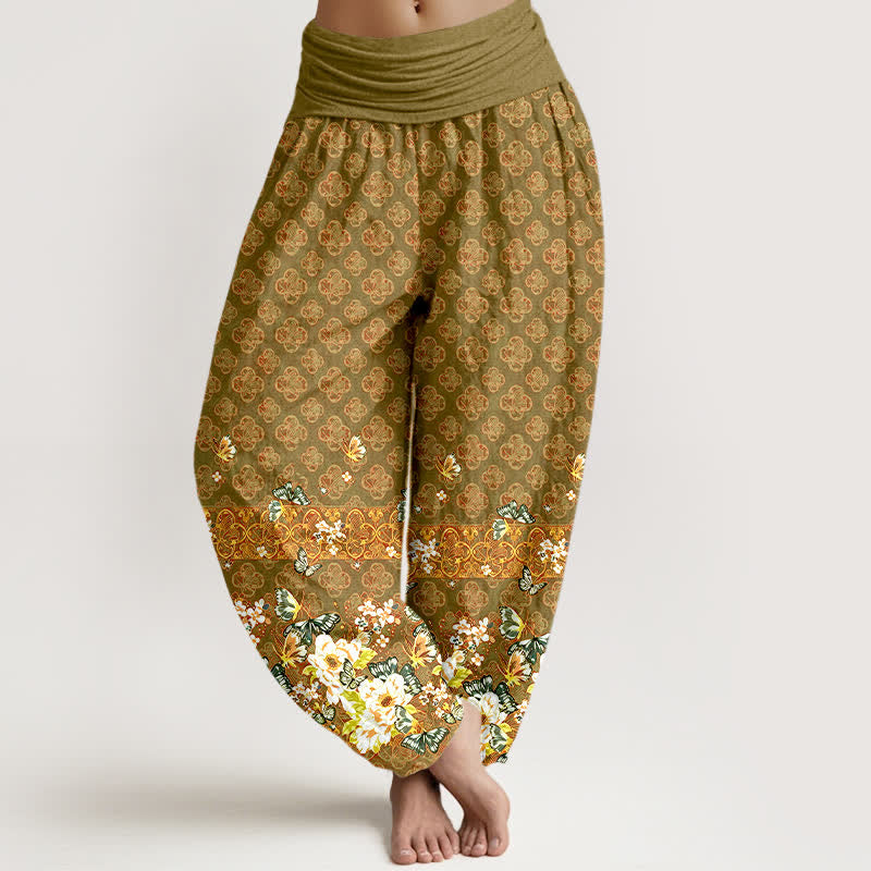 Buddha Stones Pantalon harem pour femme en pur coton, motif floral bohème, taille élastique - Olive - US16，UK/AU20，EU48 (3XL) - image 8