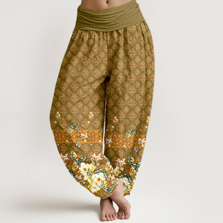 Buddha Stones Pantalon harem pour femme en pur coton, motif floral bohème, taille élastique - Olive - US16，UK/AU20，EU48 (3XL) - image 8
