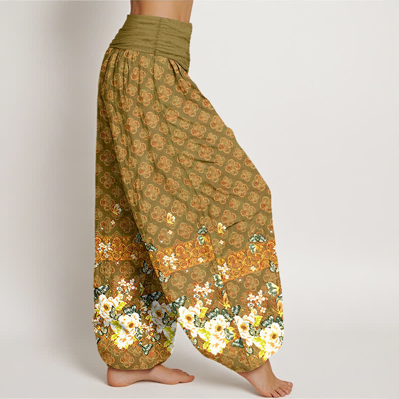 Buddha Stones Pantalon harem pour femme en pur coton, motif floral bohème, taille élastique - image 10