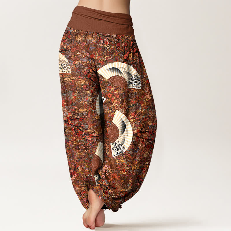 Buddha Stones Pantalon harem pour femme, en coton doux et fluide, couleur ivoire, à motif éventail et taille élastique. - image 1