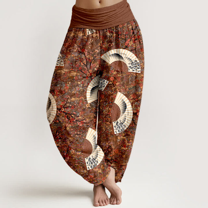 Buddha Stones Pantalon harem pour femme, en coton doux et fluide, couleur ivoire, à motif éventail et taille élastique. - Terre de sienne - US16，UK/AU20，EU48 (3XL) - image 0