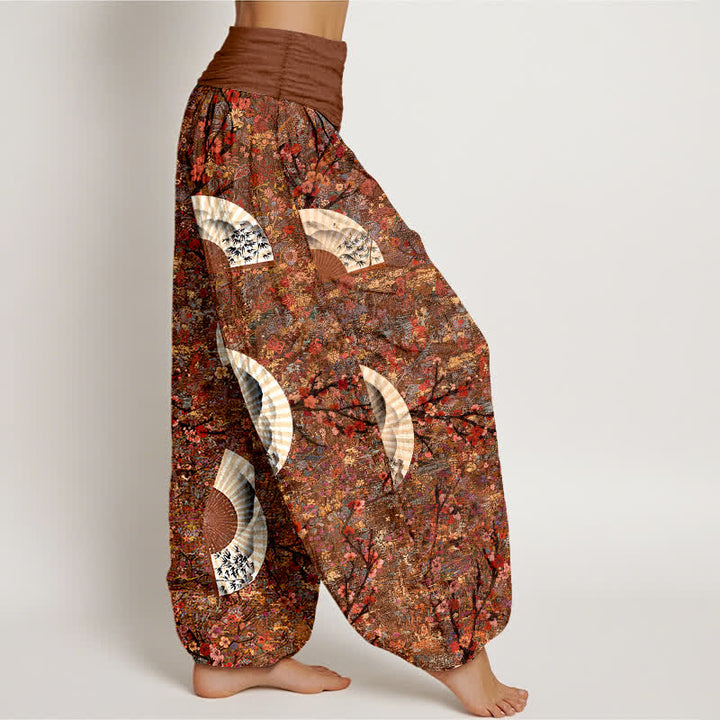 Buddha Stones Pantalon harem pour femme, en coton doux et fluide, couleur ivoire, à motif éventail et taille élastique. - image 2