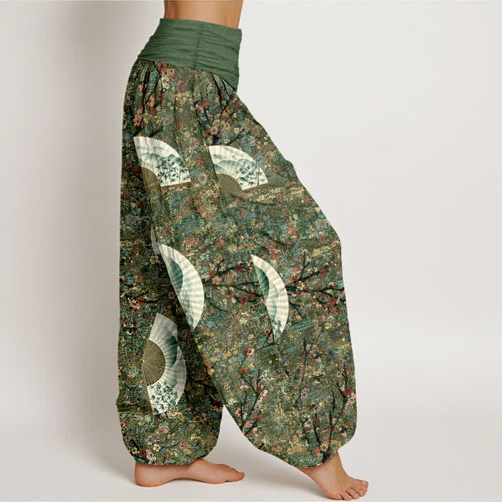 Buddha Stones Pantalon harem pour femme, en coton doux et fluide, couleur ivoire, à motif éventail et taille élastique. - image 7