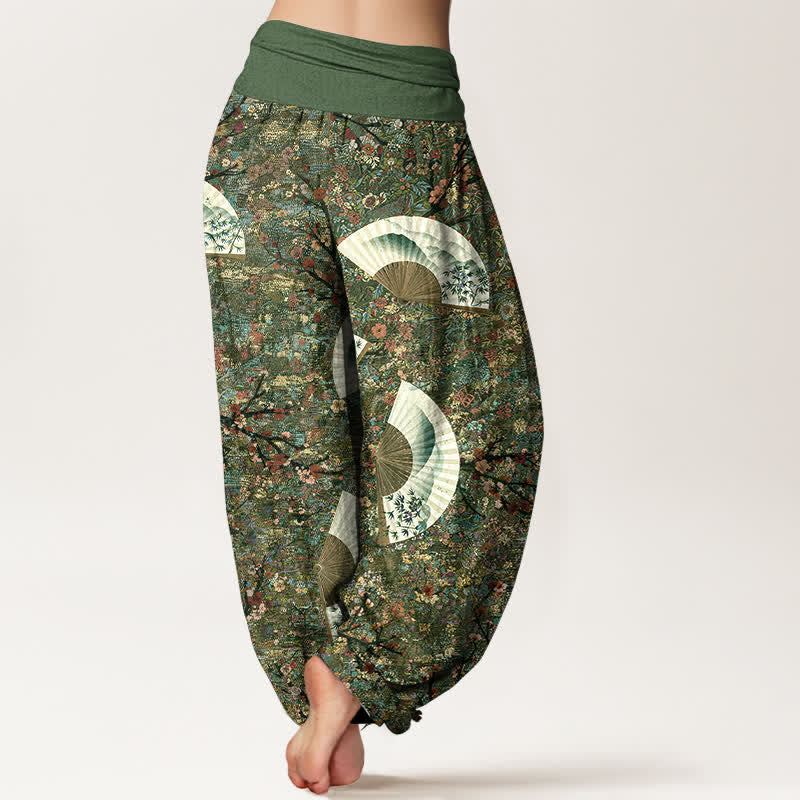 Buddha Stones Pantalon harem pour femme, en coton doux et fluide, couleur ivoire, à motif éventail et taille élastique. - image 6