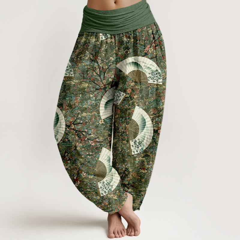 Buddha Stones Pantalon harem pour femme, en coton doux et fluide, couleur ivoire, à motif éventail et taille élastique. - Vert olive foncé - US16，UK/AU20，EU48 (3XL) - image 5