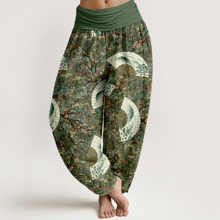 Buddha Stones Pantalon harem pour femme, en coton doux et fluide, couleur ivoire, à motif éventail et taille élastique. - Vert olive foncé - US16，UK/AU20，EU48 (3XL) - image 5