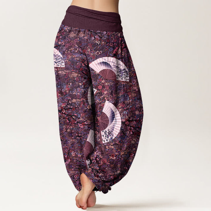 Buddha Stones Pantalon harem pour femme, en coton doux et fluide, couleur ivoire, à motif éventail et taille élastique. - image 9