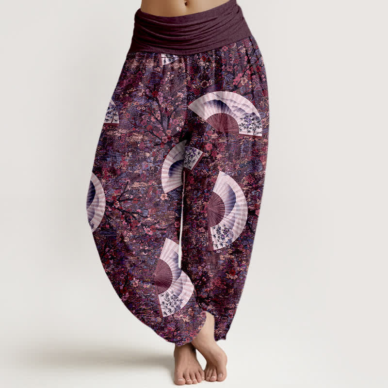Buddha Stones Pantalon harem pour femme, en coton doux et fluide, couleur ivoire, à motif éventail et taille élastique. - Magenta foncé - US16，UK/AU20，EU48 (3XL) - image 8