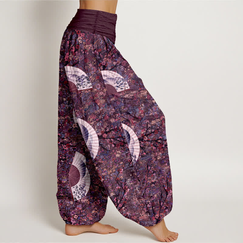 Buddha Stones Pantalon harem pour femme, en coton doux et fluide, couleur ivoire, à motif éventail et taille élastique. - image 10