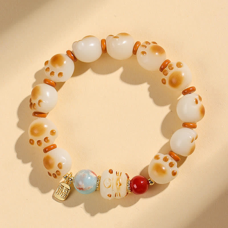Buddha Stones Bracelet porte-bonheur en graines de Bodhi naturelles, motif patte de chat Fu, symbole Fu - Patte de chat (Tour de poignet : 17–18 cm) - image 0