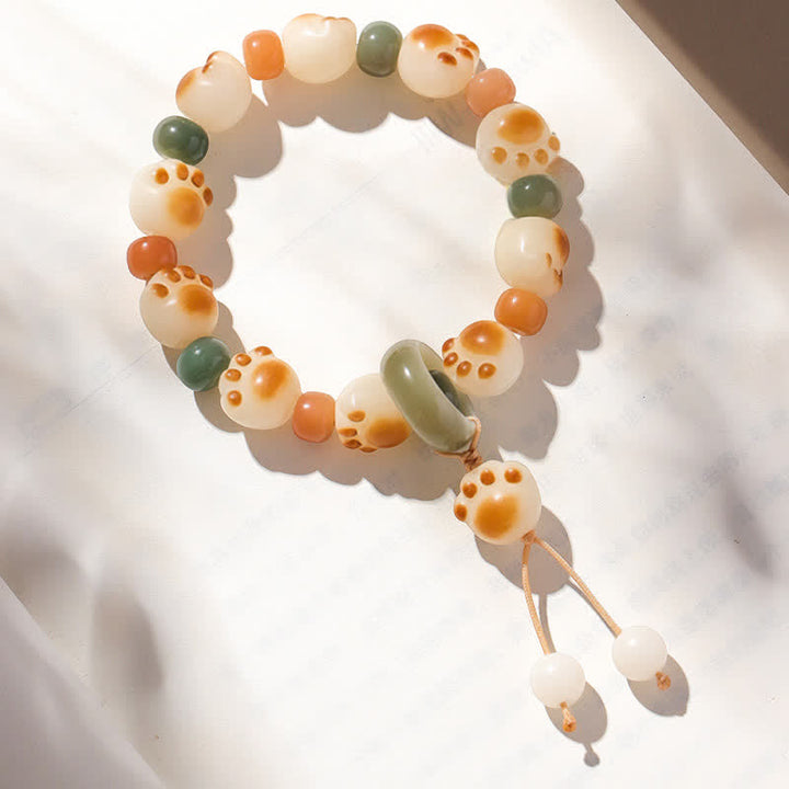 Buddha Stones Bracelet de richesse en graines de Bodhi naturelles, motif patte de chat - Pendentif patte de chat (Tour de poignet : 17–18 cm) - image 0