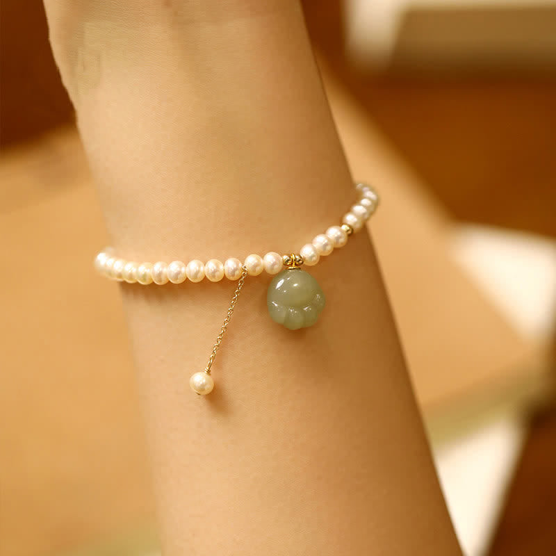 Buddha Stones Bracelet porte-bonheur en jade Hetian naturel, motif patte de chat et perles - Patte de chat (Tour de poignet : 15–20 cm) - image 0