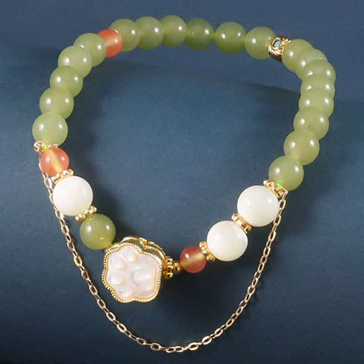 Buddha Stones Bracelet de prospérité en jade Hetian naturel et pierre Tridacna, motif patte de chat - Patte de chat (Tour de poignet : 14–15 cm) - image 0