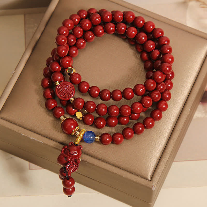 Buddha Stones Mala tibétain de 108 perles en cinabre, porte-bonheur, motif chat Fu - image 1