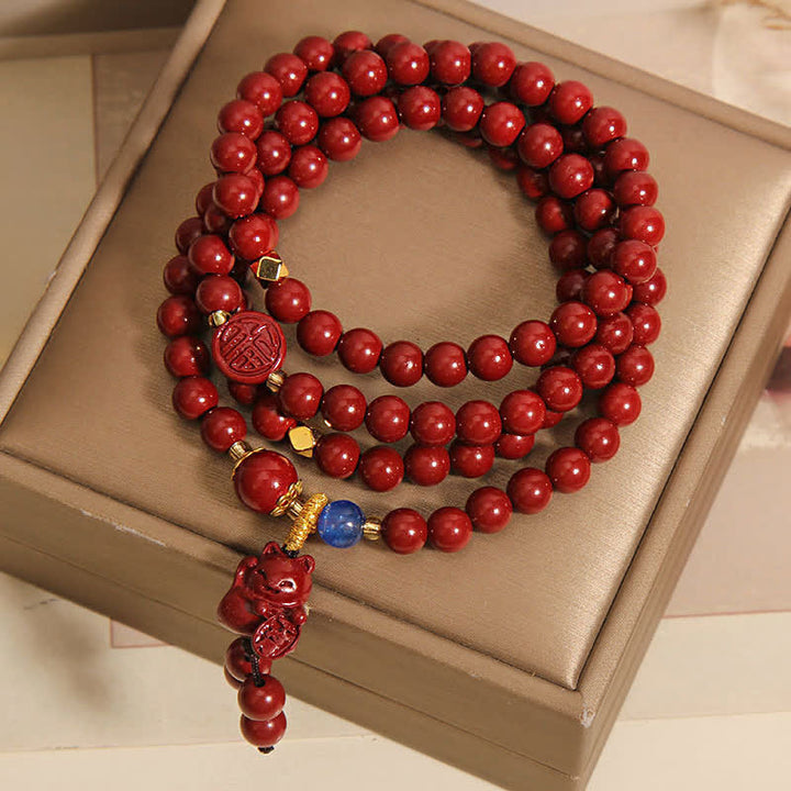 Buddha Stones Mala tibétain de 108 perles en cinabre, porte-bonheur, motif chat Fu - image 1