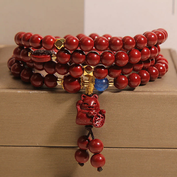 Buddha Stones Mala tibétain de 108 perles en cinabre, porte-bonheur, motif chat Fu - Cinabre (Tour de poignet : 16-18 cm) - image 0
