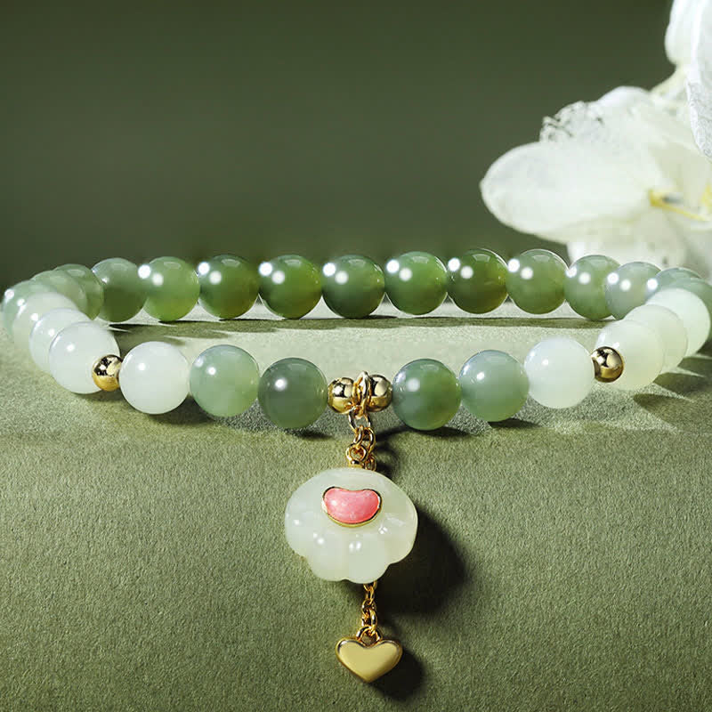 Buddha Stones Bracelet porte-bonheur en jade Hetian naturel, motif cœur et patte de chat - image 1
