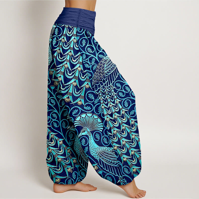 Buddha Stones Pantalon harem pour femme en pur coton à motif de plumes de paon et de vigne, taille élastique - image 2