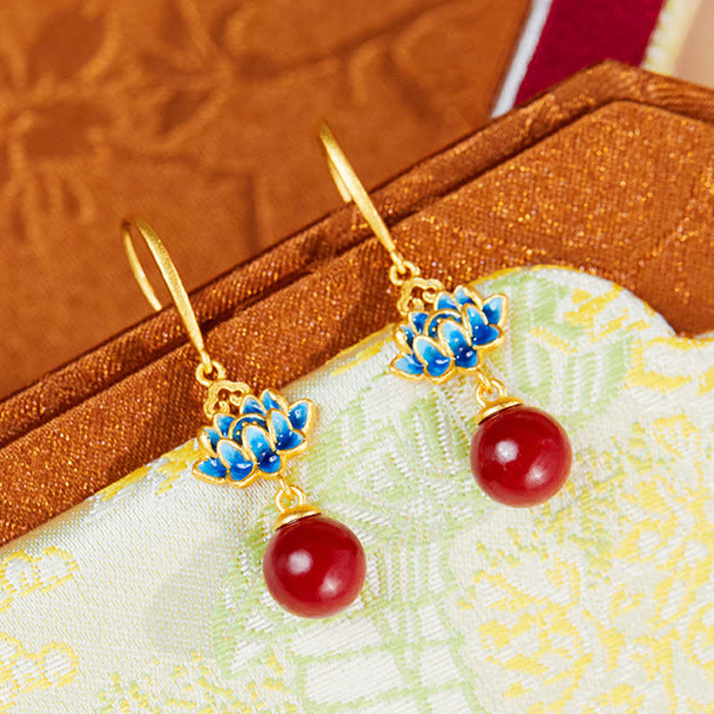 Buddha Stones Boucles d'oreilles pendantes en argent sterling 925 émaillé couleur cinabre et lotus - image 1