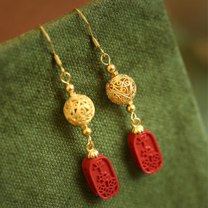 Buddha Stones Boucles d'oreilles pendantes en filigrane de cuivre cinabre, symbole de bénédiction - Cinabre (poteaux en cuivre) - image 0
