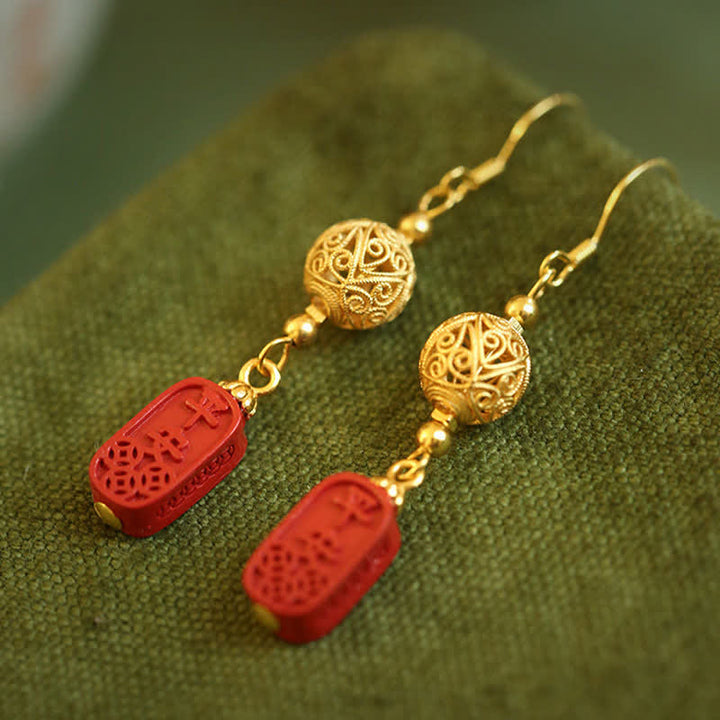 Buddha Stones Boucles d'oreilles pendantes en filigrane de cuivre cinabre, symbole de bénédiction - image 1