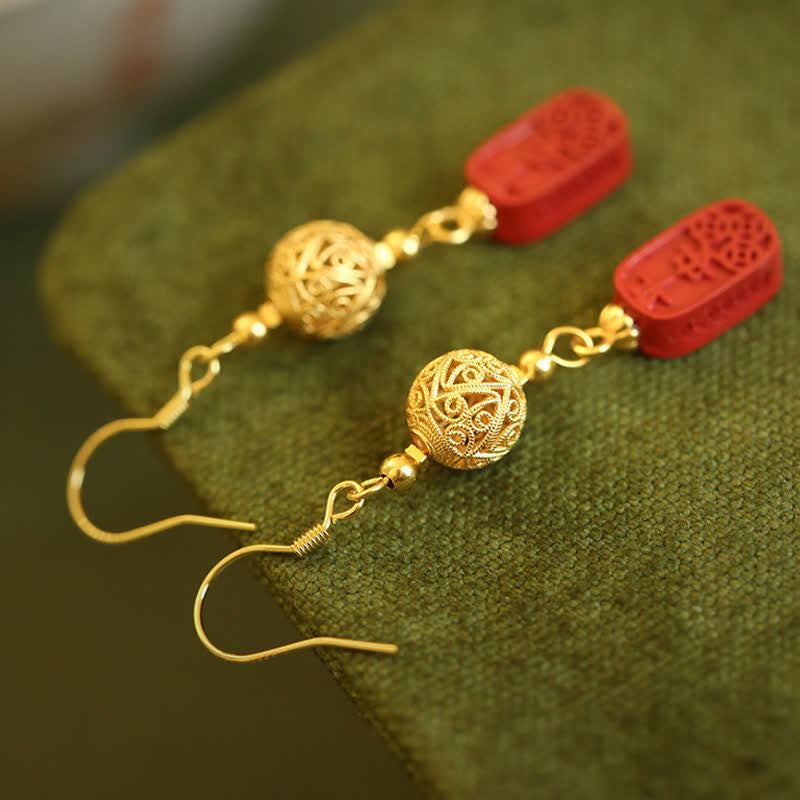 Buddha Stones Boucles d'oreilles pendantes en filigrane de cuivre cinabre, symbole de bénédiction - image 3