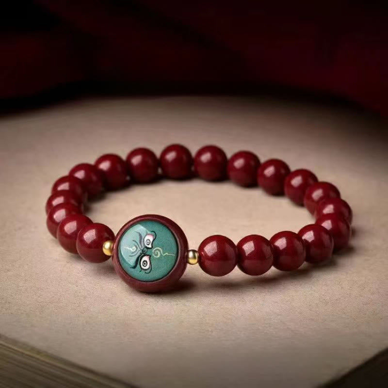 Buddha Stones Bracelet de bénédiction des cinq directions et des dieux de la richesse en cinabre naturel - Jambhala verte de 8 mm (tour de poignet 15-16 cm) - Cinabre - image 5