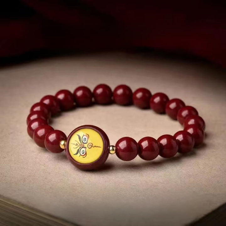Buddha Stones Bracelet de bénédiction des cinq directions et des dieux de la richesse en cinabre naturel - Jambhala jaune de 8 mm (tour de poignet 15-16 cm) - Cinabre - image 1