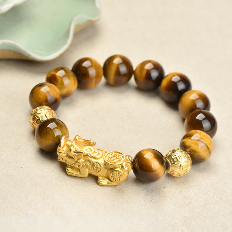 Buddha Stones Bracelet de courage en perles Pixiu Fu avec le caractère Om Mani Padme Hum en œil de tigre naturel - image 1