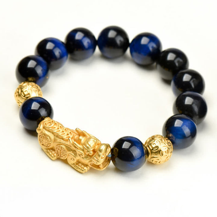 Buddha Stones Bracelet de courage en perles Pixiu Fu avec le caractère Om Mani Padme Hum en œil de tigre naturel - Pièces de monnaie en cuivre œil de tigre bleu Pixiu (Tour de poignet : 17–18 cm) - image 19