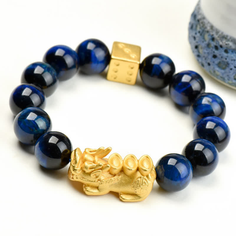 Buddha Stones Bracelet de courage en perles Pixiu Fu avec le caractère Om Mani Padme Hum en œil de tigre naturel - Yuanbao Pixiu Œil de Tigre Bleu (Tour de poignet : 17–18 cm) - image 23