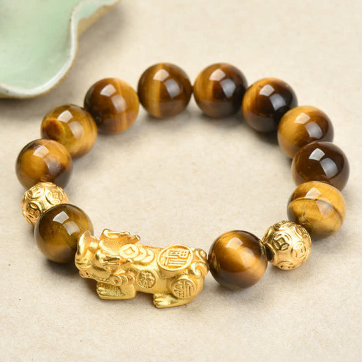 Buddha Stones Bracelet de courage en perles Pixiu Fu avec le caractère Om Mani Padme Hum en œil de tigre naturel - Pixiu à motif œil de tigre jaune Fu (circonférence du poignet : 17–18 cm) - image 0