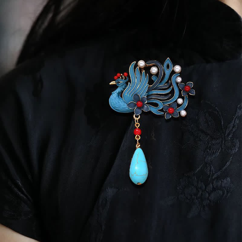 Buddha Stones Broche Fleur de Phénix Bleu Perle Turquoise - Phénix bleu 5,5*8,8 cm - image 0