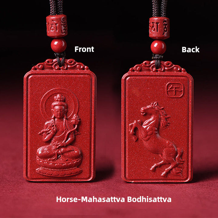 Buddha Stones Pendentif collier de bénédiction en cinabre du Bouddha natal du zodiaque chinois - Bodhisattva Cheval-Mahasattva - 19*34 mm - image 0