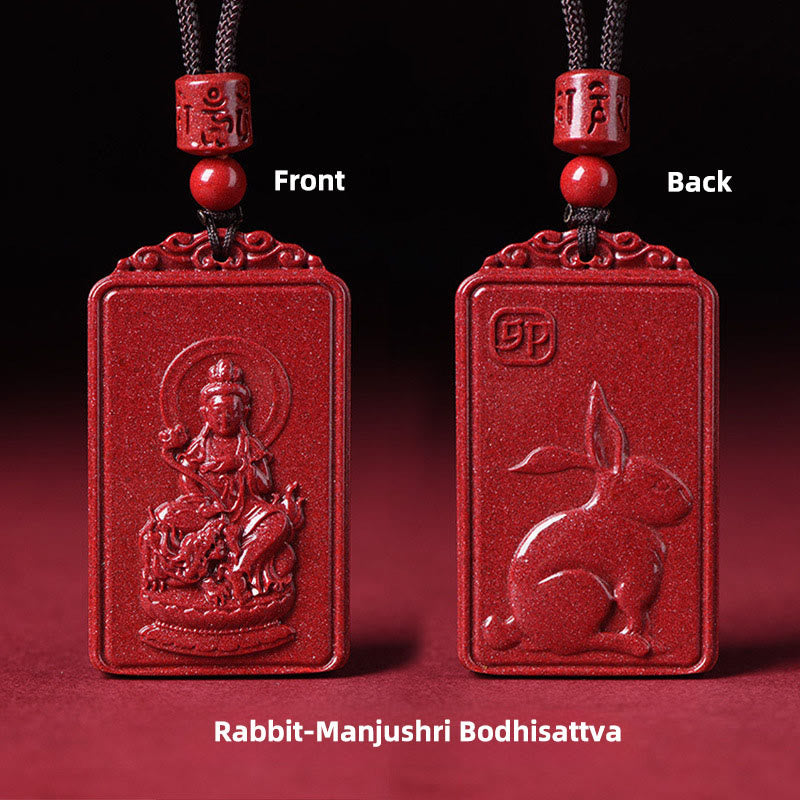 Buddha Stones Pendentif collier de bénédiction en cinabre du Bouddha natal du zodiaque chinois - Bodhisattva Lapin-Manjushri - 19*34 mm - image 9