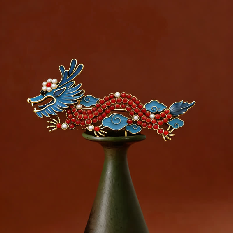 Buddha Stones Broche porte-bonheur Dragon Bleu Turquoise Rouge - Dragon bleu 7,4 x 3,3 cm - image 0