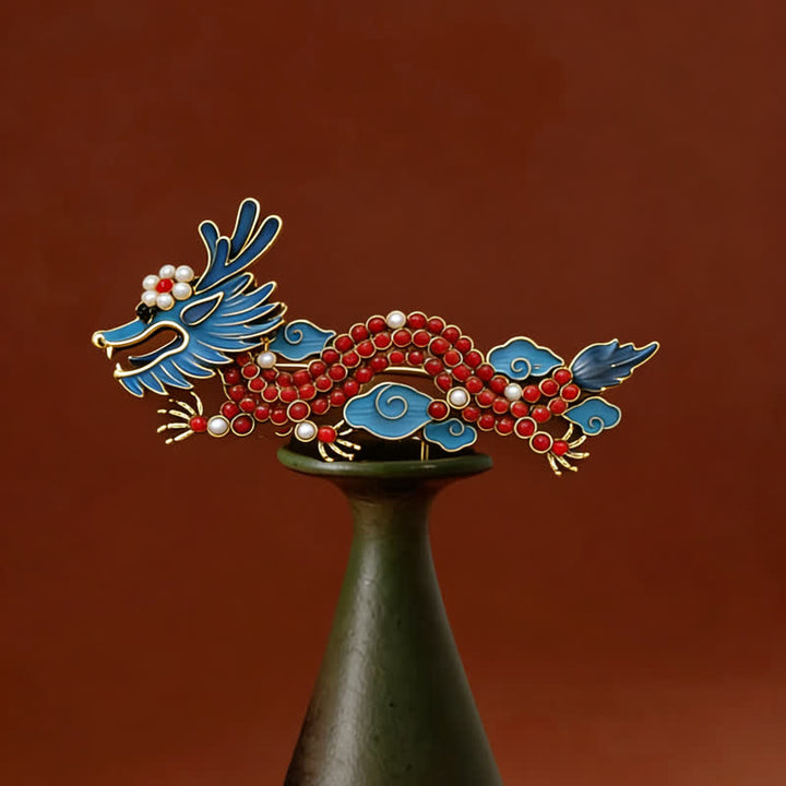 Buddha Stones Broche porte-bonheur Dragon Bleu Turquoise Rouge - Dragon bleu 7,4 x 3,3 cm - image 0