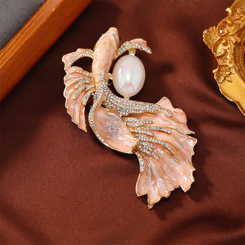 Buddha Stones Broche en perles et carpe koï émaillée - Poisson Koi orange 5,6*10,3 cm - image 0