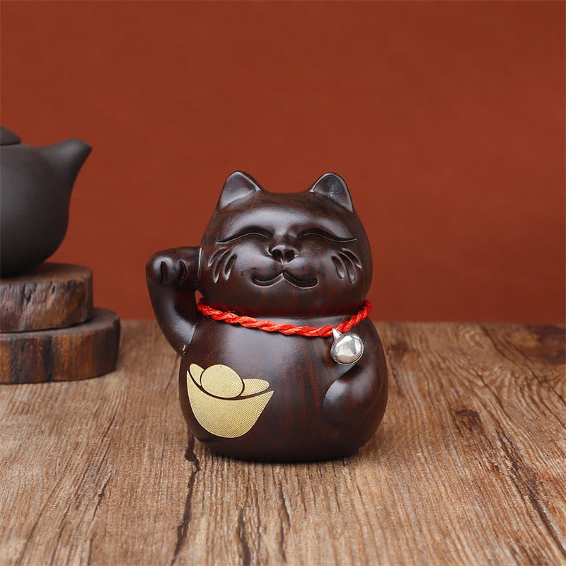 Buddha Stones Mini chat porte-bonheur en bois d'ébène sculpté, décoration de 8 cm - Lingot de chat - 8 cm (la couleur et la taille peuvent varier) - image 3