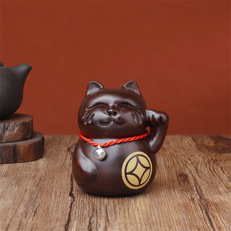 Buddha Stones Mini chat porte-bonheur en bois d'ébène sculpté, décoration de 8 cm - Pièce de monnaie chat - 8 cm (la couleur et la taille peuvent varier) - image 5