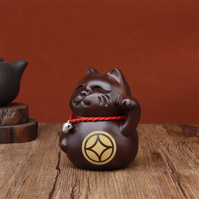 Buddha Stones Mini chat porte-bonheur en bois d'ébène sculpté, décoration de 8 cm - image 6