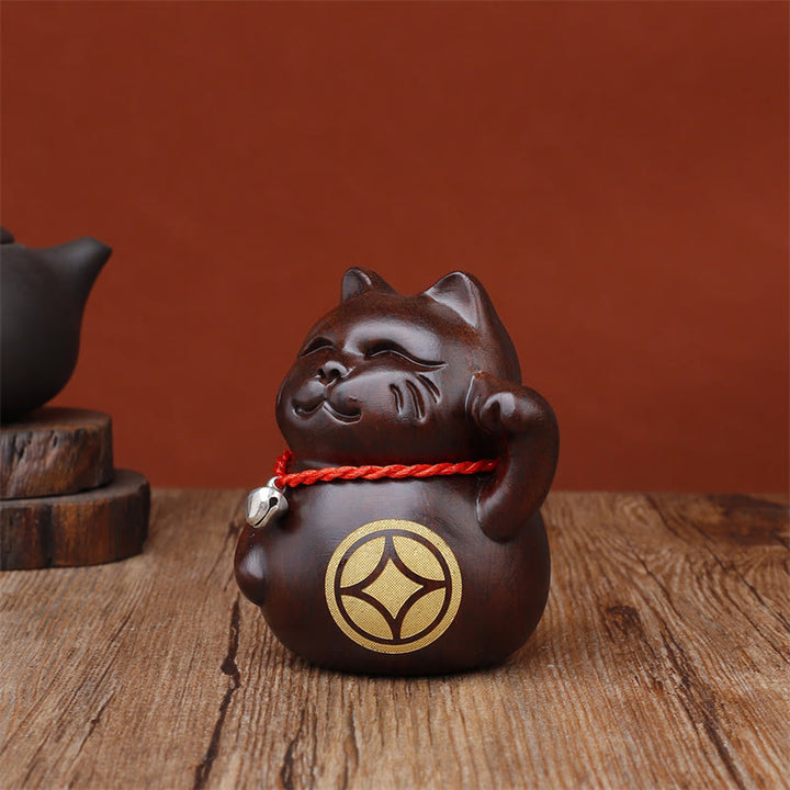 Buddha Stones Mini chat porte-bonheur en bois d'ébène sculpté, décoration de 8 cm - image 6