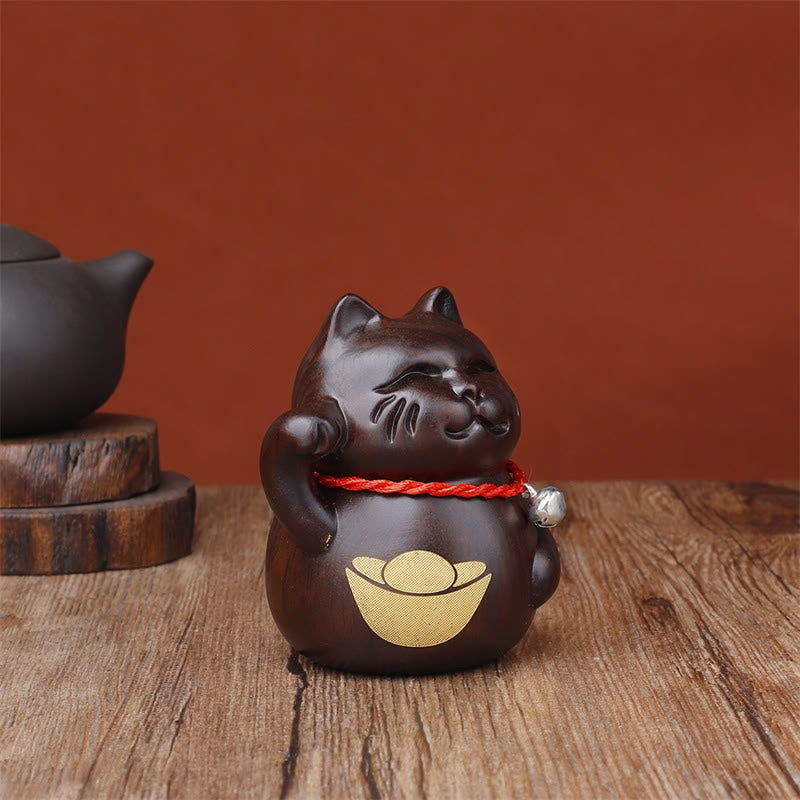 Buddha Stones Mini chat porte-bonheur en bois d'ébène sculpté, décoration de 8 cm - image 4