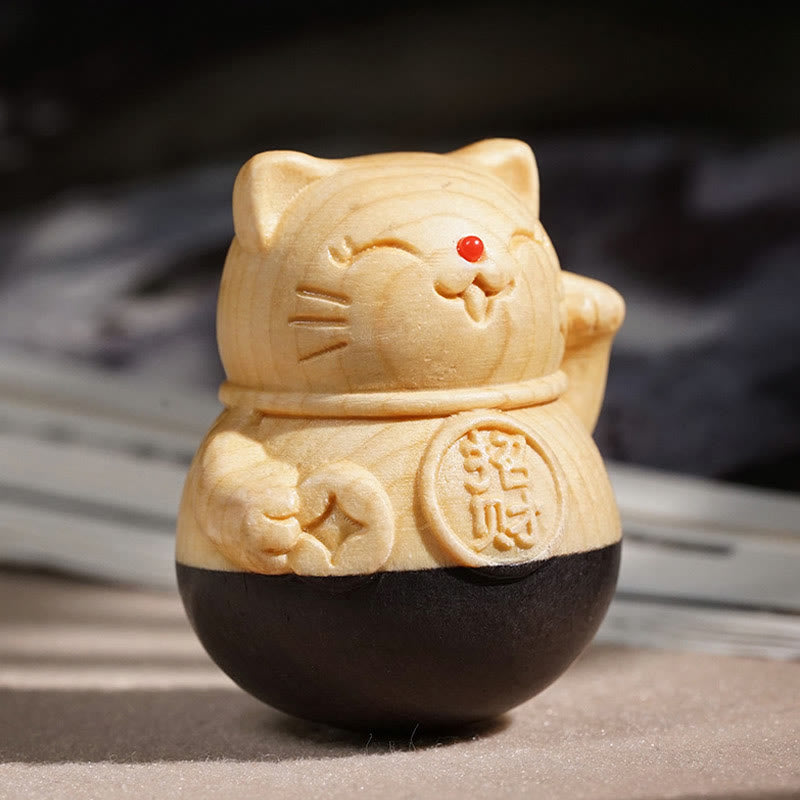 Buddha Stones Chat porte-bonheur miniature en bois d'ébène et de hêtre sculpté, sculpté, attirant la richesse et la protection, 4,7 x 4 cm - image 2